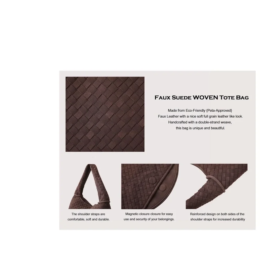 Luxury Faux Suede Woven Hobo Shoulder‎ Bag Chocolate Brown Chic Everyday